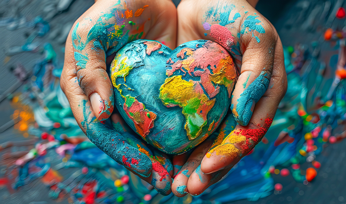 Child holding small globe on rustic blue wooden table for national adoption month Comment end